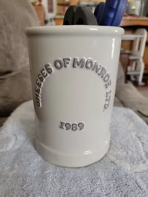 Vintage Stoneware 7 1/4  Tall Cheeses Of Monroe Crock With Church USA • $26.99