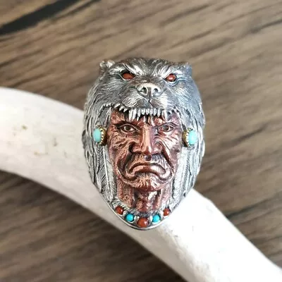 925 Sterling Silver & Brass Wolf Headdress Indian Chief Ring Size 11 Unique! • $106