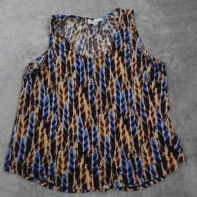 Veronica M Womens Top Small Black Blue Flowy Sleeveless Feather Print Office • $19.98