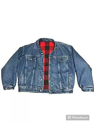 XL USA Made Gap Denim Jacket Trucker Western Plaid Flannel Jean Cowboy Vintage • $49.99