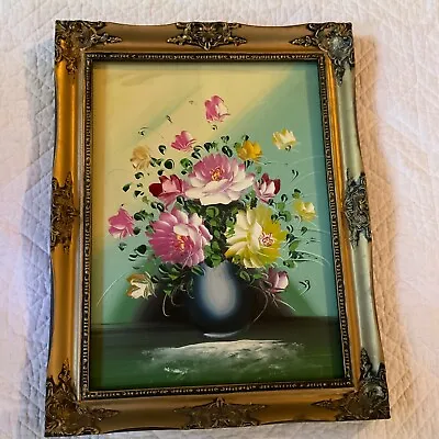 VINTAGE 70s Roses Floral Flower Original PAINTING  Hand Painted Yellow Pink • $78