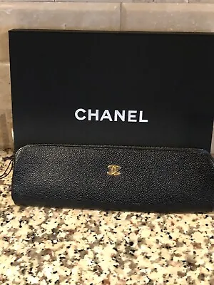 CHANEL VINTAGE Black Caviar CLUTCH Small Leather Goods Gold CC Logo • $999