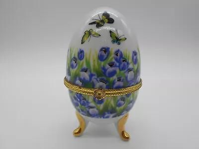 Gorgeous Blue Flower & Porcelain Butterfly Egg Shape Jewelry Box • £35.96