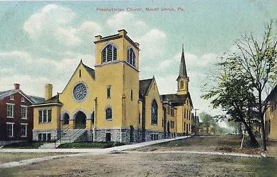 C1910 Mt. Union Pennsylvania Yellow Presbyterian Church Hand Tinted Postcard • $12.33