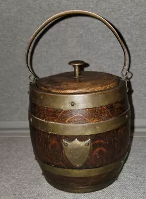 Vintage  English Wooden Brass Barrel Ice Bucket Porcelain Liner • $22