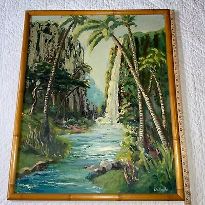 VINTAGE 80s Hawaiian? Landscape Original Oil PAINTING By Denello Waterfall Palms • $828