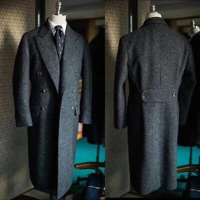 Vintage Men's Tweed Long Overcoat Wool Peak Lapel Suits Double Breasted Tailored • $87.35