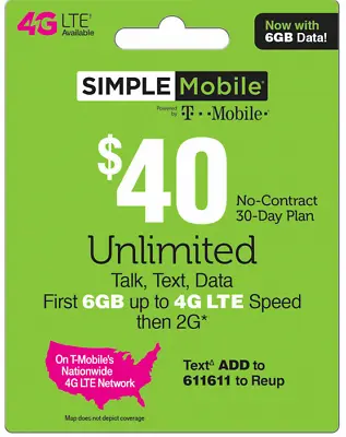 SIMPLE MOBILE  Prepaid $40 Refill Top-Up Prepaid Card PIN / RECHARGE  • $43