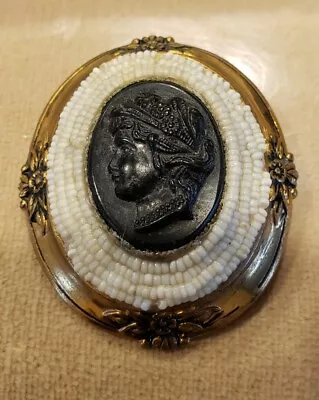 Antique Black Jet Cameo Mourning Brooch/pin 1 3/4  W/tiny White Beads Goldtone • $34.99