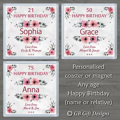 Personalised Birthday Coaster Or Magnet Pink Poppy Flower Name & Any Age Gift • £4.25