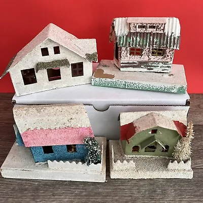 Vtg Lot Of 4 Putz Christmas Village Paper Cardboard House Mica Glitter Needs TLC • $30