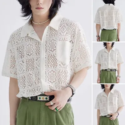 Mens Short Sleeve See Through  Lace Sheer Shirt Casual Party Holiday Blouses Top • £13.29