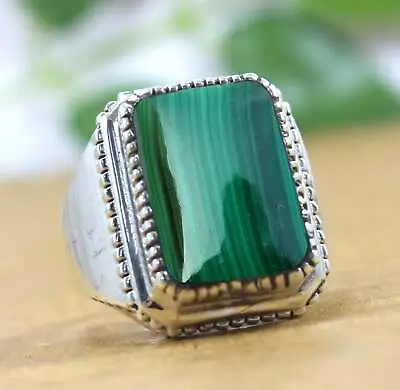 Solid 925 Sterling Silver Natural Flat Green Malachite Gemstone Huge Mens Ring • $37.75