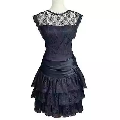 Vintage Gunne Sax Black Lace Ruffle Cocktail Dress Size S • $60