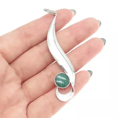 925 Sterling Silver Vintage Real Malachite Gemstone Modernist Pendant • $37.95