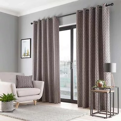 Contemporary Fusion Jacquard Prado Grey/Terracotta Eyelet Curtains • £26.95