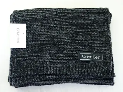 Calvin Klein Men's Scarf Black Marled Knit Acrylic Logo Warm Brand New W Tag • $19.95
