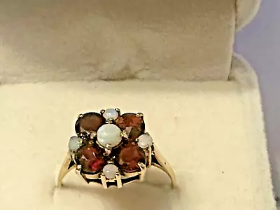 9ct Gold Fire Opal And Garnet Dress Ring Size P 2.5g • £88