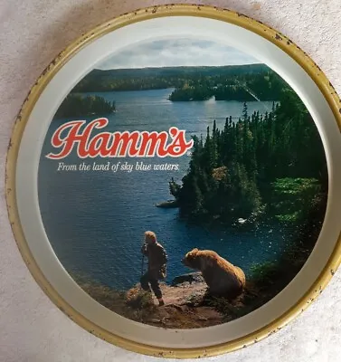 Vtg Hamm's 13  Serving Beer Tray * Sky Blue Waters W Mountain-Man & Bear Graphic • $99.99