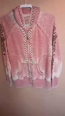 Cowgirl Tuff Co. Full Zip Hoodie Womens L Acid Wash Pink Studded Western Eagle • $32.50