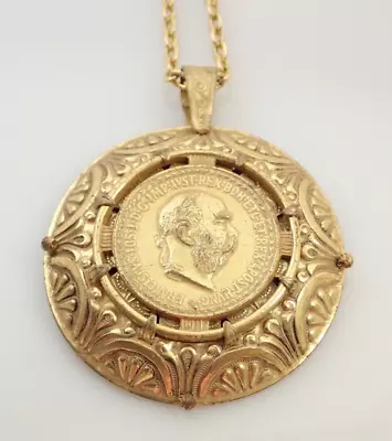 Vintage Miriam Haskell Signed Coin Medallion Filigree Pendant Necklace • $114.95