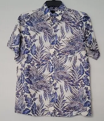 Club Room Mens M Bright White Combo Foliage Floral Linen Short Sleeve Shirt • $29.10