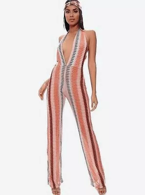 I Saw It First Zig Zag Mesh Jumpsuit UK 8-10 Womens Ladies Plunge Holiday Party  • £13.99