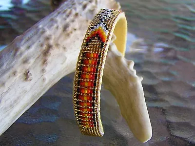 GREAT Pattern And Beadwork. Navajo Indian Hand Beaded Cuff Bracelet Mrs. John • £22.70