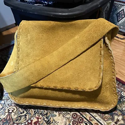Large Handmade Leather Messenger Bag Suede Mustard Color Signed Alex Kimo Quebec • $250