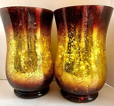 Set Of 2 Red Gold Cracked Glass Mosaic Vase Lamp Light Decor Candle Holder • $25