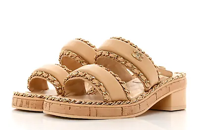 CHANEL Nude Beige All Over Gold Chain Lambskin Leather Cork Silngback Sandal 37 • $550