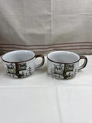 2 VTG Otagiri Style Japan Speckled Stoneware Perched Owls Soup Mugs • $29.99