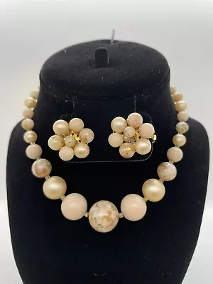 Vintage Choker Bead Necklace Earrings Clip On Japan Cream Speckled Color • $15.99