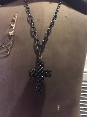 Antique Black Mourning Vulcanite Link Chain With Beaded Vulcanite Cross • $175