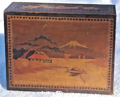 Old Wooden Box With Marquetry And A Lake Scene • $14