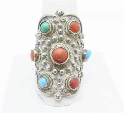 Vintage Southwestern Sterling Silver Turquoise & Coral Beaded Adjustable Ring  • $15