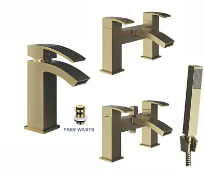 New Bathroom WATERFALL Brushed Brass Basin Sink Bath Filler Lever Taps Square • £31.95