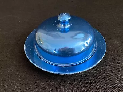 Vintage Mid Century Modern Blue Aluminum Round Butter Dish Metal Tumbler • $11.99