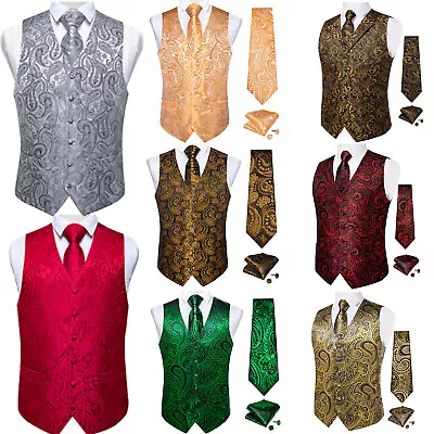 Mens Waistcoat Red Blue Paisley Vest Suit Hanky Tie Set Wedding S-3XL Presale • $24.99