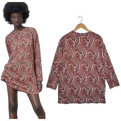$31.99 • Buy Zara Dress Womens Large Jacquard 70s Retro Sweater Round Neck Long Sleeve Pink