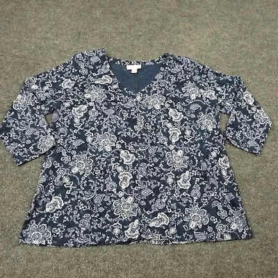 J Jill Pure Jill Shirt Womens Small Blue Floral 3/4 Sleeve V Neck Pullover Top • $15.18