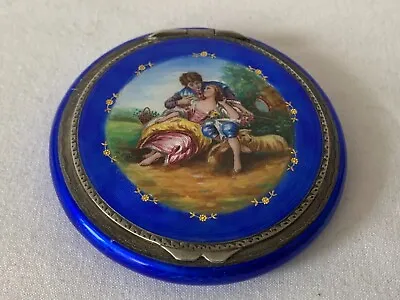 £239.30 • Buy Antique German Sterling Silver Powder Compact With Cobalt  Guilloche Enamel