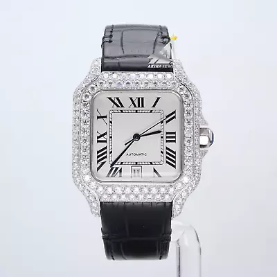 Classic Automatic Black Leather Band Hip Hop Watch For Men's 7.84 Ct Moissanite • $620