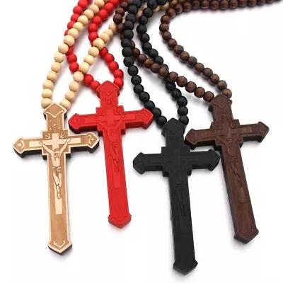 Men's Large Jesus Cross Wooden Pedant Necklace Christian Jewelry Ball Chain 35  • $13.99