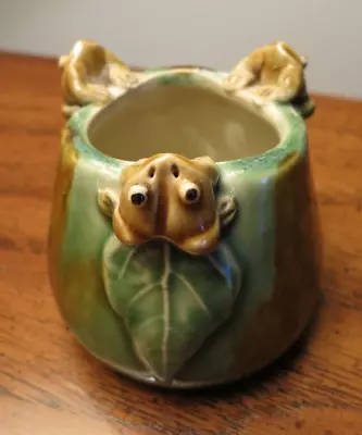 Majolica Small 3  Ceramic Bamboo Planter 3 Frogs On Rim Green Brown • $11.99