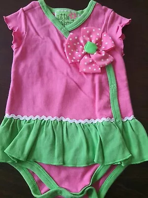 Mud Pie 0 6 Months Little Sprout Ruffled Bodysuit Pink Green 3 D FLOWER EASTER • $8.44