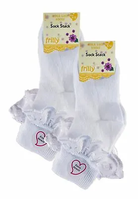 £6.95 • Buy 6 Pairs Of Girls Lace Socks, Children's Frilly White Ankle School Socks
