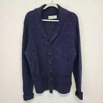 Line Of Trade Mens Large Shetland Wool Grandpa Cardigan Sweater Blue Pocket Flaw • $23.50