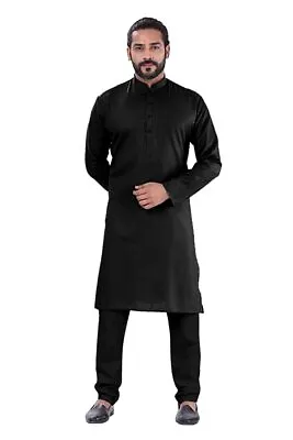 New Black Kurta Pyjama 100% Cotton Men's Tunic Top Plus Size Solid High Neck • $17.99