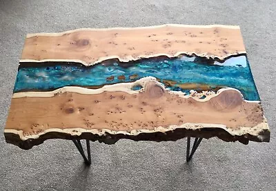 Unique Beautiful Yew Wood Seascape Design Resin River Coffee Occasional Table • £359